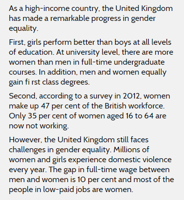Read the following text about gender equality in the United Kingdom and answer the questions.